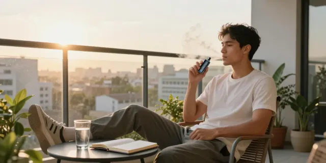 sg lana vape device used in a wellness moment on a sunny balcony, promoting relaxation and healthy lifestyle