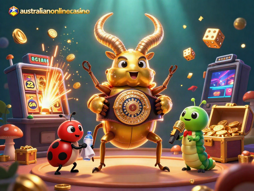 In a vibrant scene, a giant stag beetle and ladybug corner-man bring excitement to australianonlinecasino's jackpot celebration.