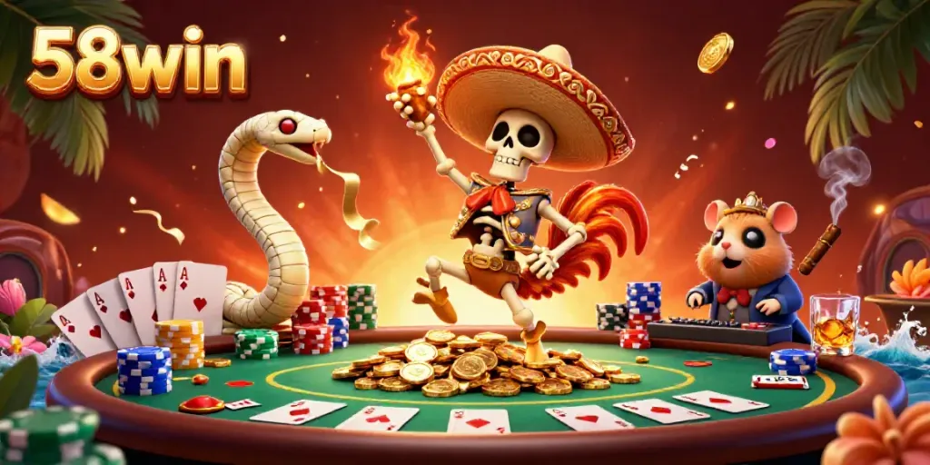 Experience vibrant casino excitement with 58win as a mariachi rooster, mummy snake, and DJ hamster entertain amidst poker elements.