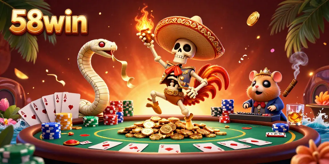 Experience vibrant casino excitement with 58win as a mariachi rooster, mummy snake, and DJ hamster entertain amidst poker elements.