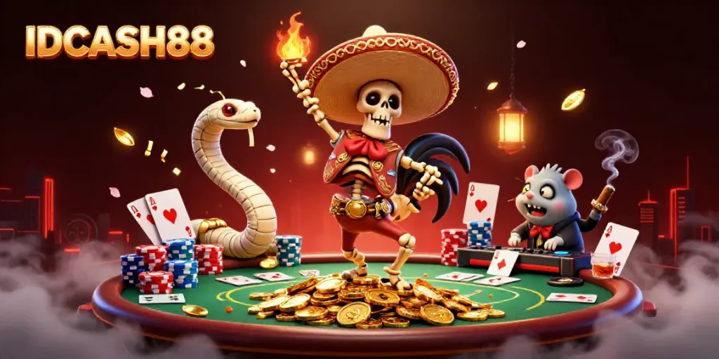 Experience pulsating fun at IDCASH88 with skeleton mariachi and friends in a vibrant casino scene.