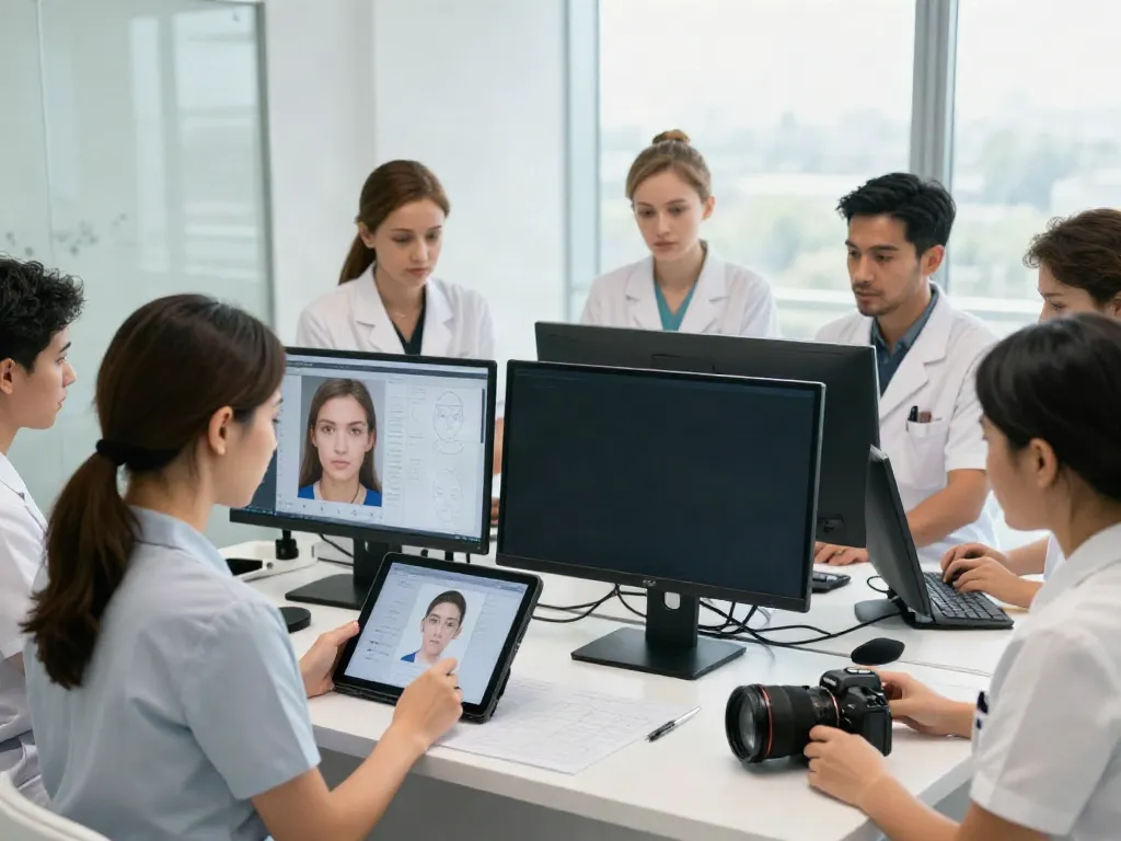 Alternatives to QOVES beauty analysis scene with specialists reviewing facial data and technology in a modern clinic.