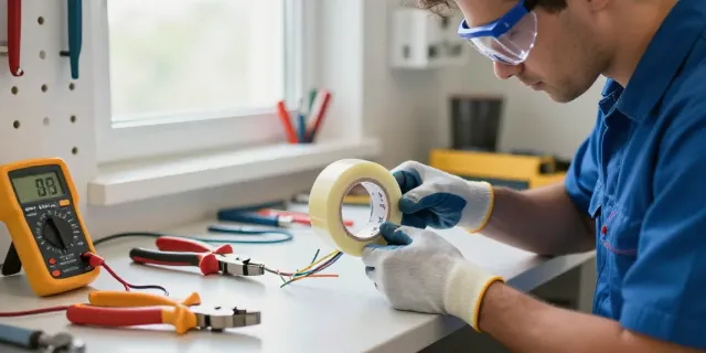 Electrician expertly using Link Super33 tape in a professional workshop setting.