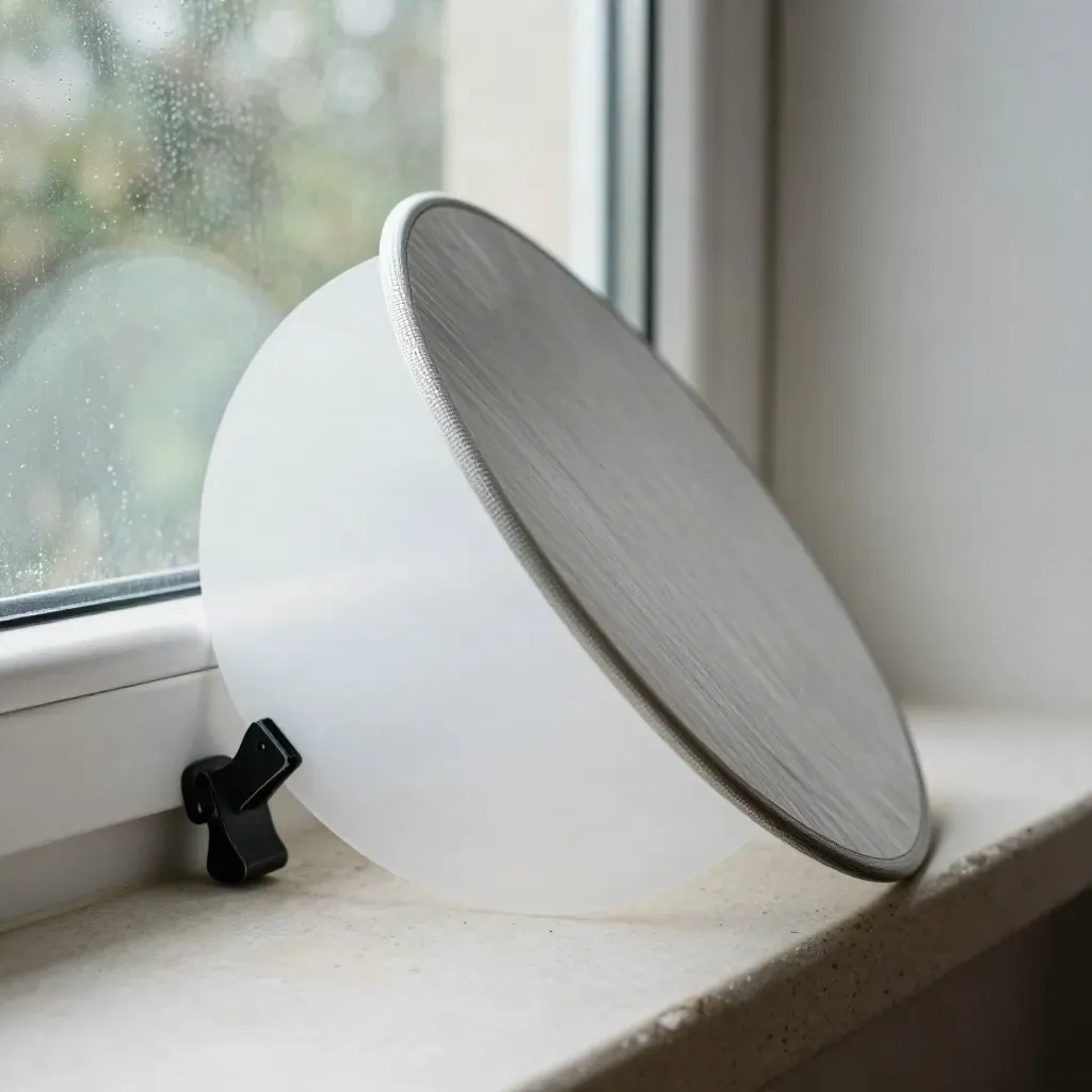 Window-lit diffuser disc, silver reflector card, and clamp on a rain-hazed sill.