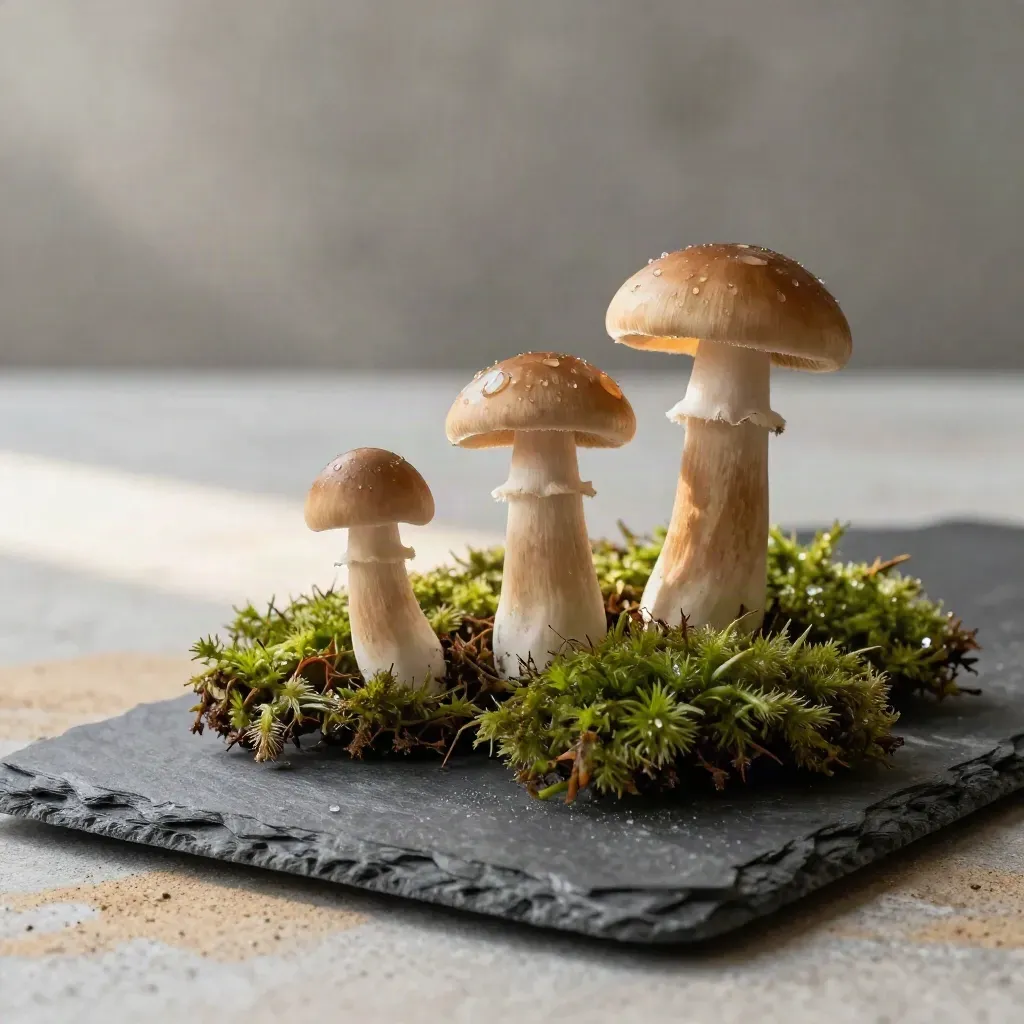 Mushroom caps and moss pads on a slate tray in soft dawn light