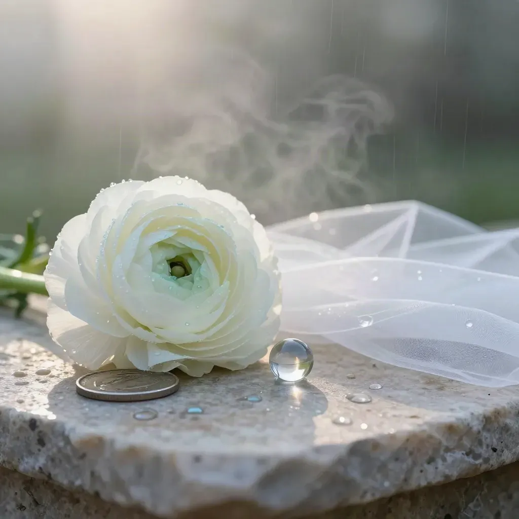 Dewy white ranunculus with prism bead and diffuser on pale stone at dawn