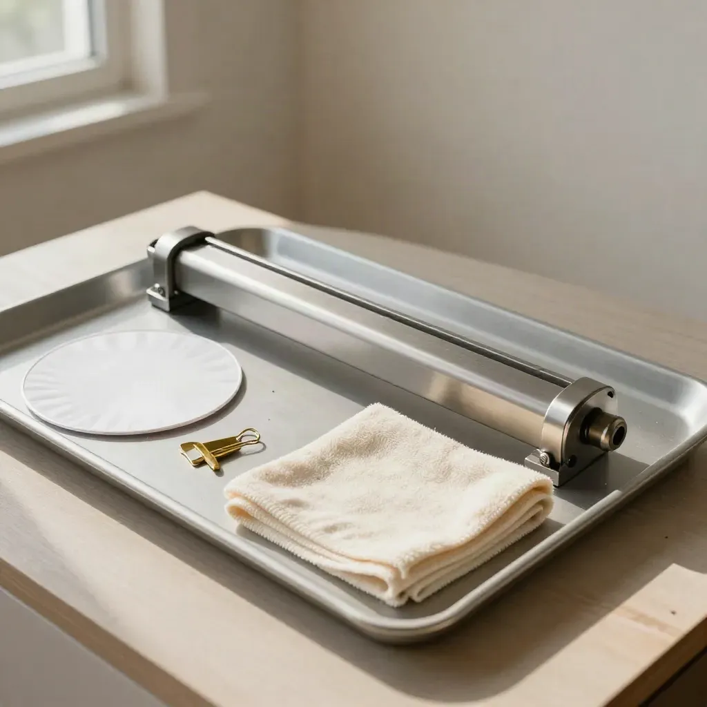 Overhead macro starter kit on a work tray with rail, reflector, cloth and brass clip