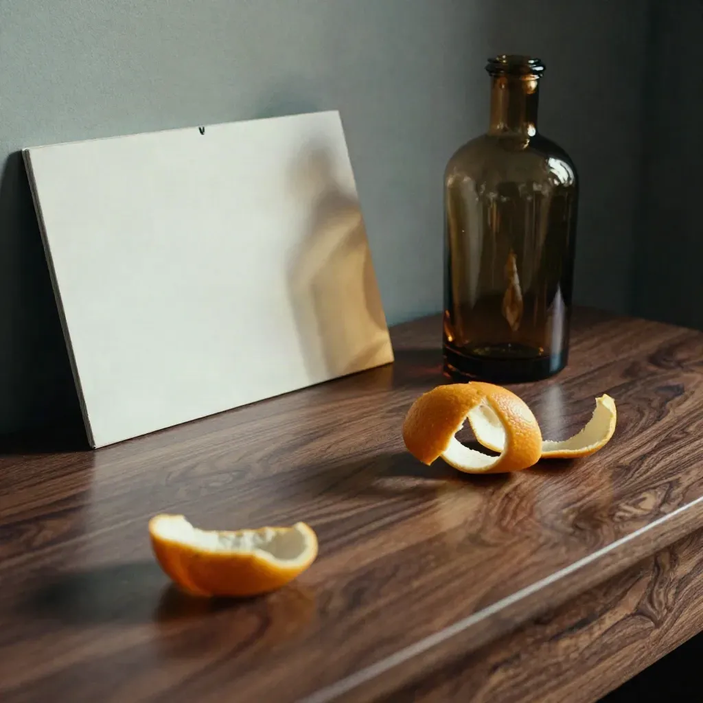 Low-lit walnut desk with bottle, citrus peel, and a bounce card casting a clean light edge.