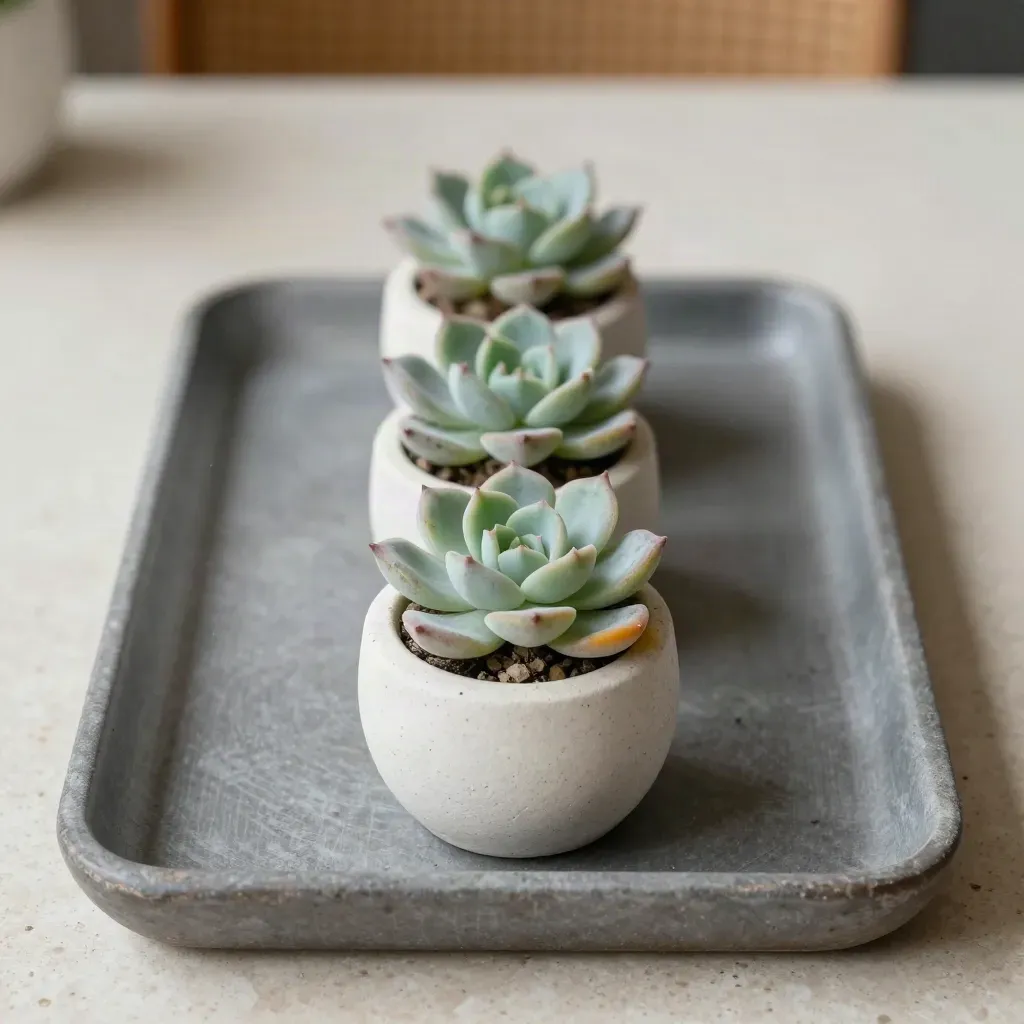 Three tiny succulents in stone cups on a grey tray, overhead in warm window light.