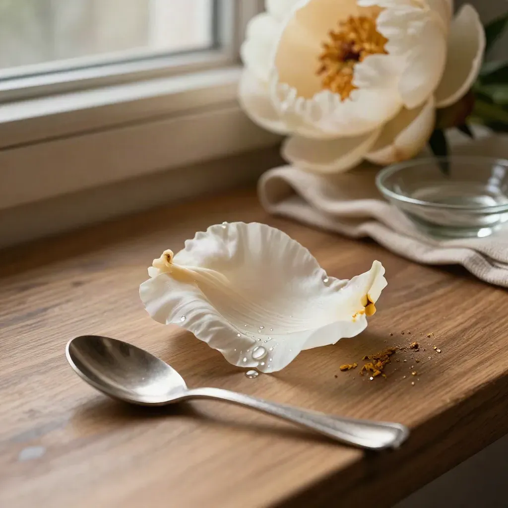 Cream peony petal with dew, a fallen stamen, and a ceramic spoon in warm side light.