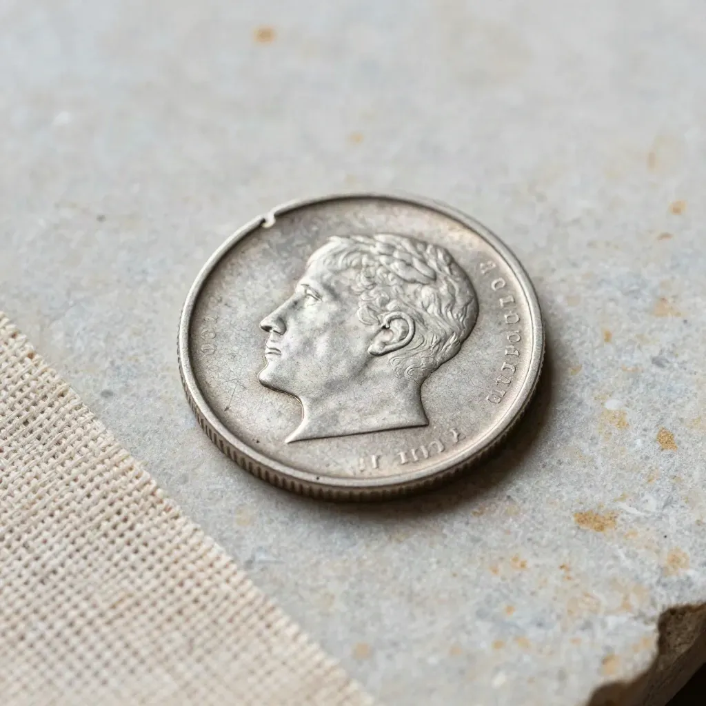 Weathered silver coin, fragment, and linen swatch on stone in raking light.
