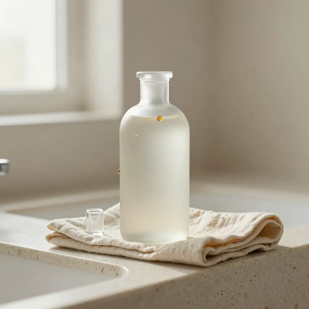Glass skincare bottle with cloth and stopper on travertine, lit by soft window glow.