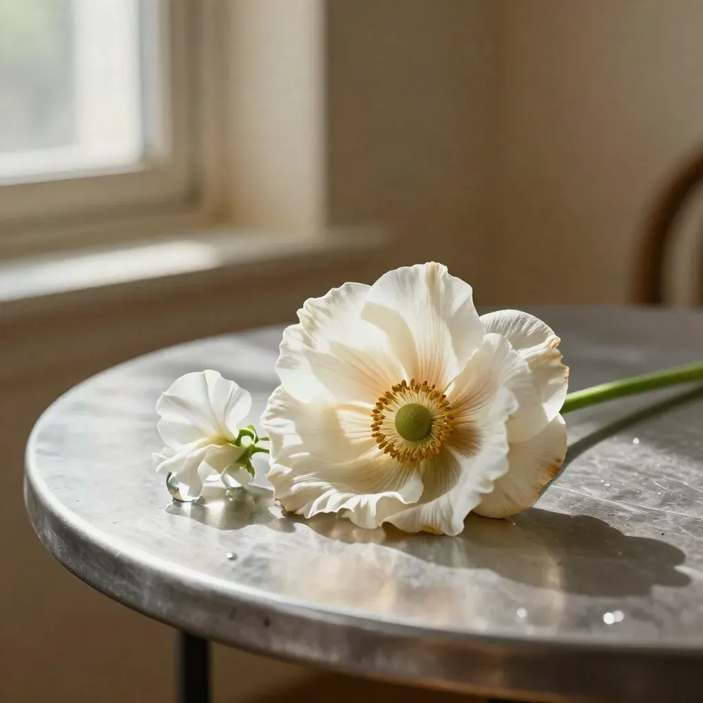 White anemones, sweet pea stem and glass bead on a steel table in warm window light.