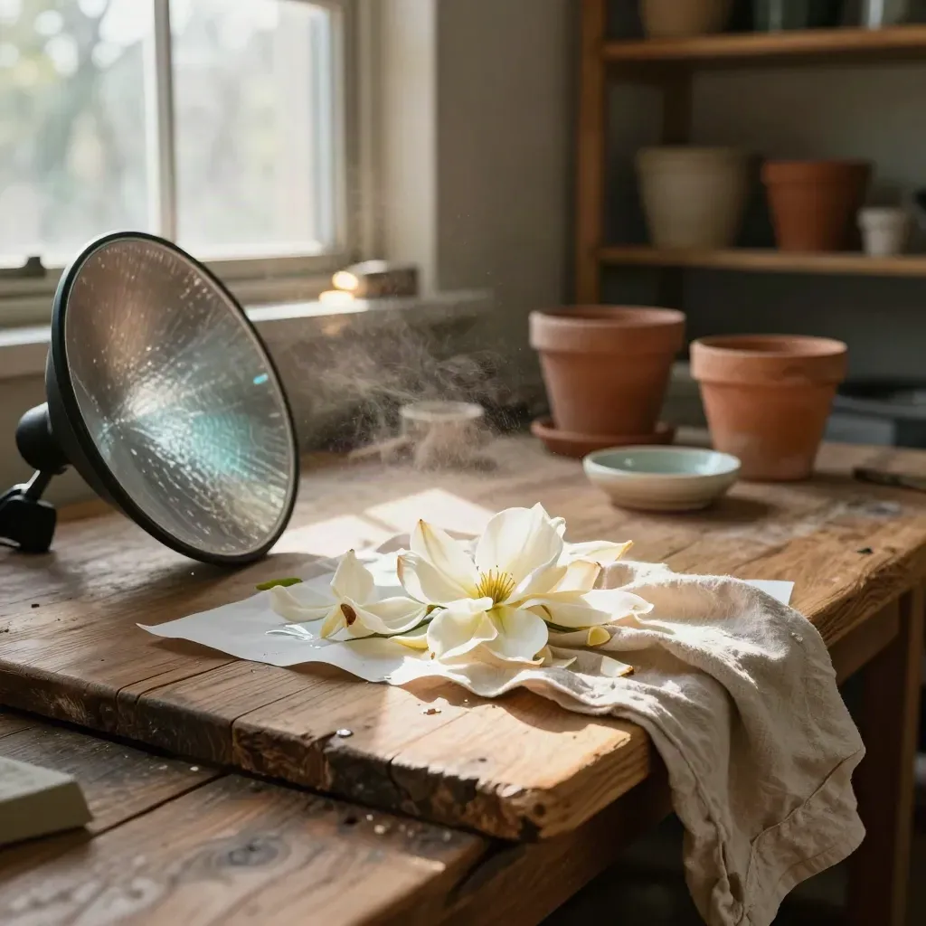 Sunlit macro studio bench with petals, a tipped reflector, and rumpled cloth in warm afternoon light.