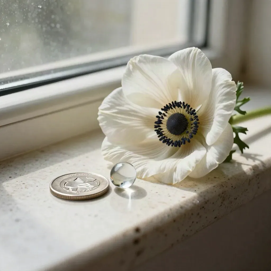 White flower, silver coin and glass bead aligned on travertine in soft daylight.
