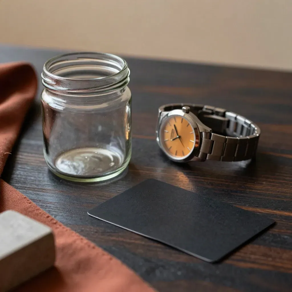 Dark tabletop still life with glass jar, wristwatch, and folded black card in warm studio light