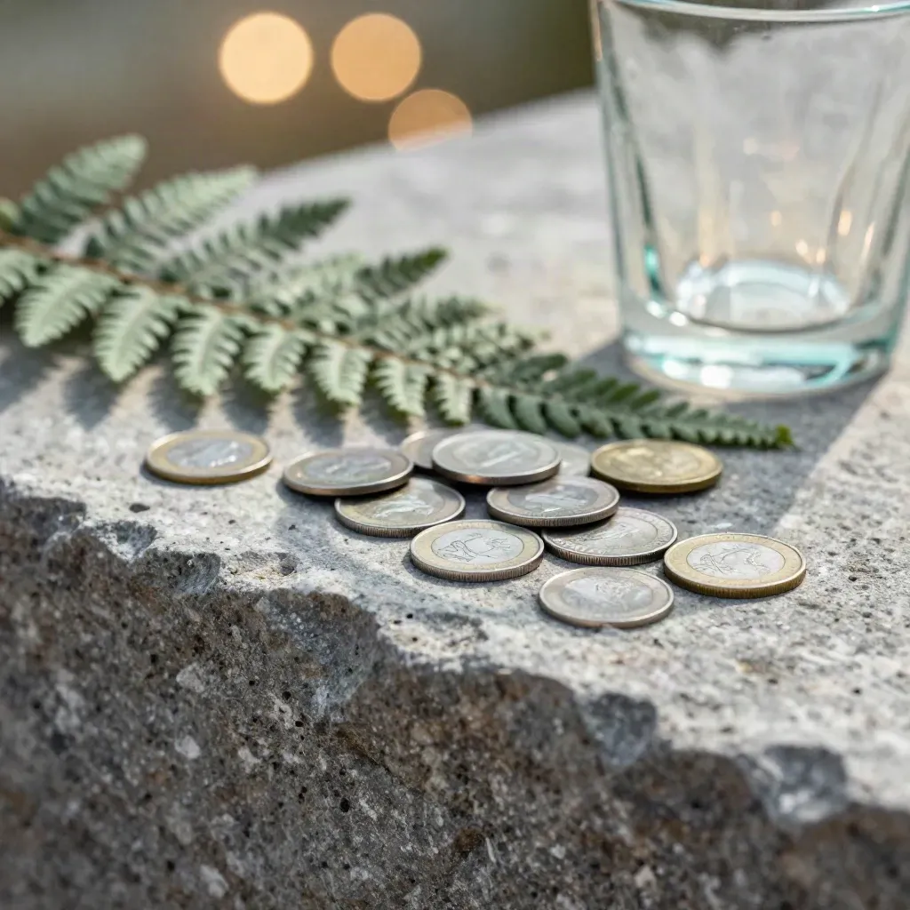 Macro coins, fern frond and cut-glass tumbler on stone with glowing bokeh orbs.