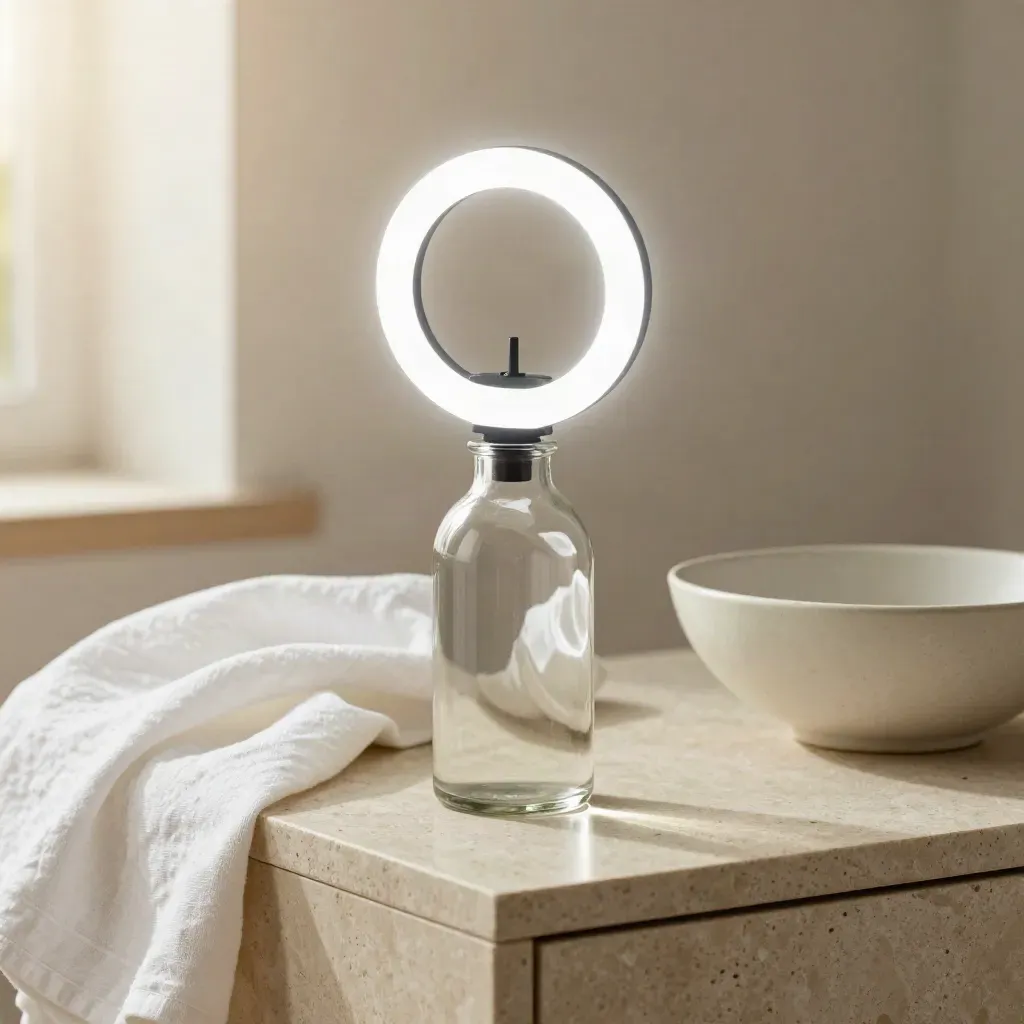 Clear bottle with ring reflection, linen cloth and ceramic bowl on a limestone vanity.