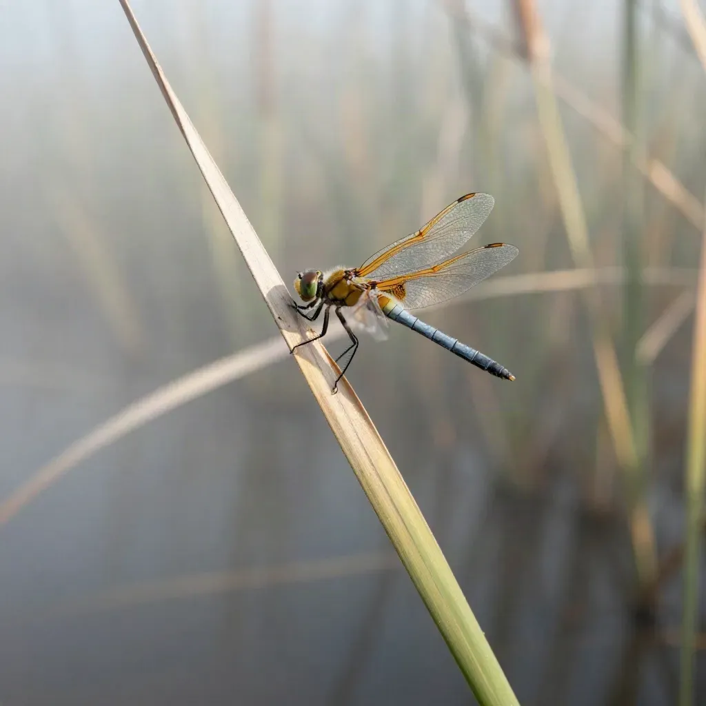 Dragonfly poised on a dew-beaded reed in misty morning marsh light