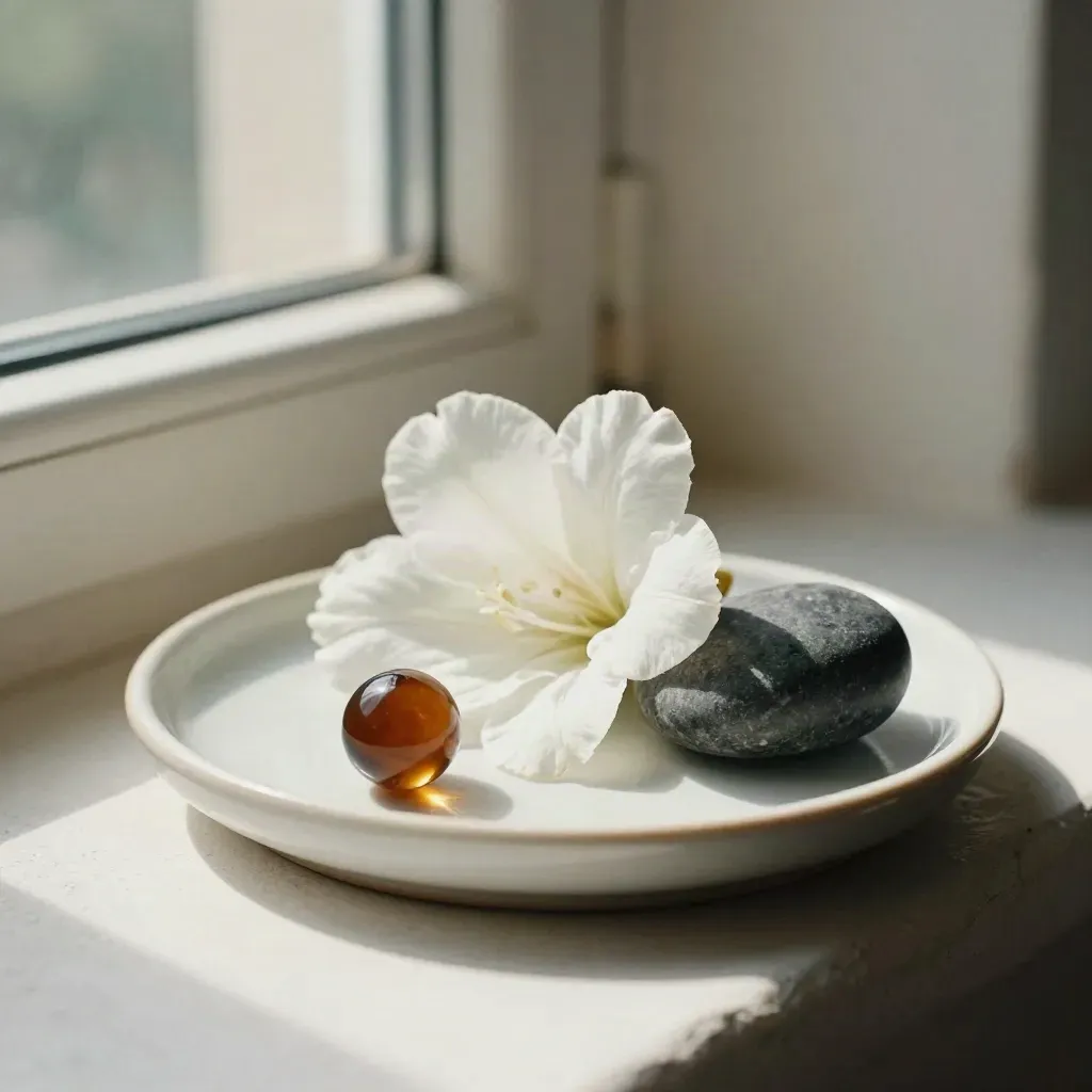 White flower, graphite pebble, ceramic tray and amber bead in soft daylight.
