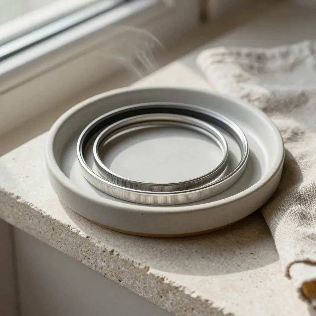 Top-down macro of nested silver filter rings in a stone dish with folded linen.