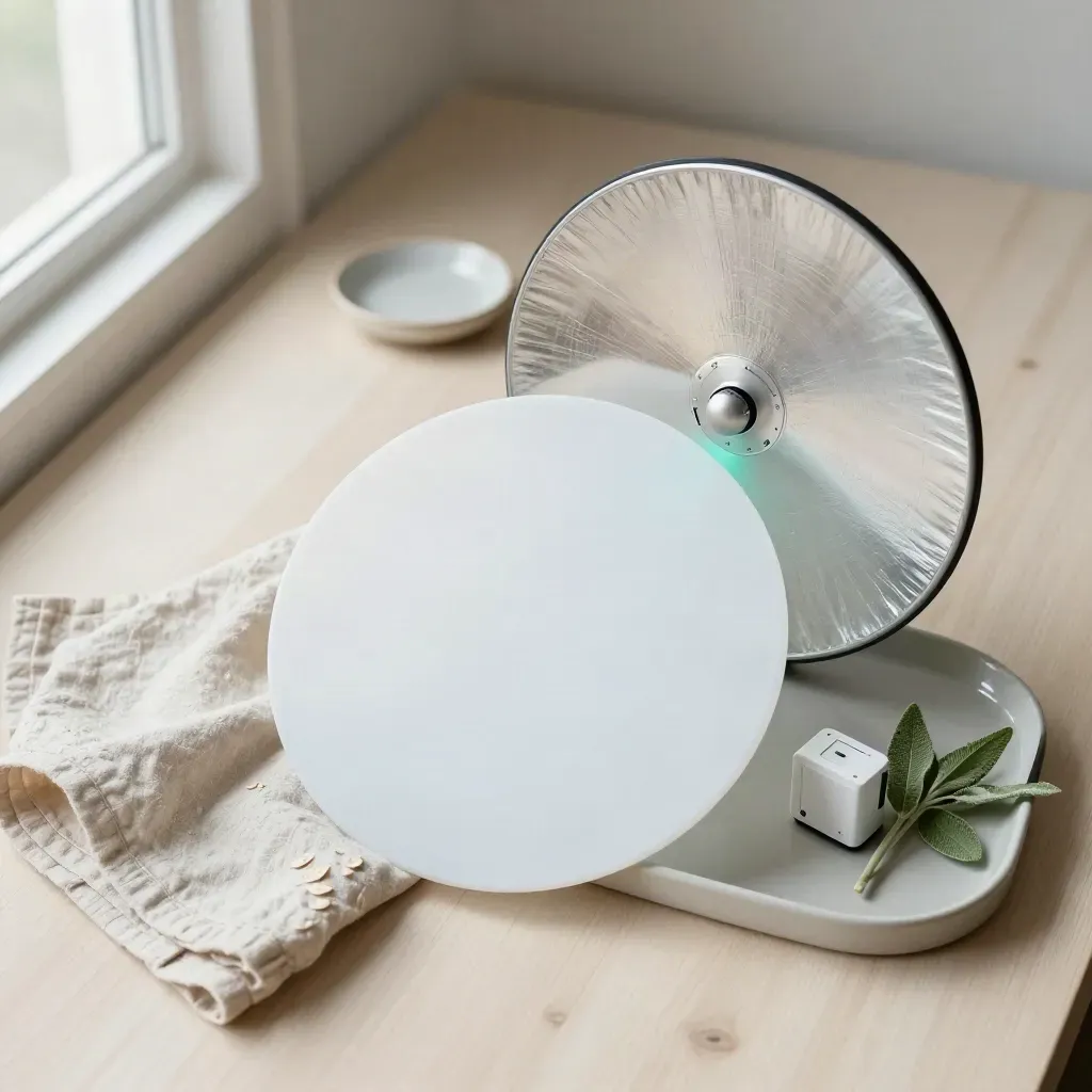 Overhead still life of diffuser, reflector and LED puck on a pale wood tray