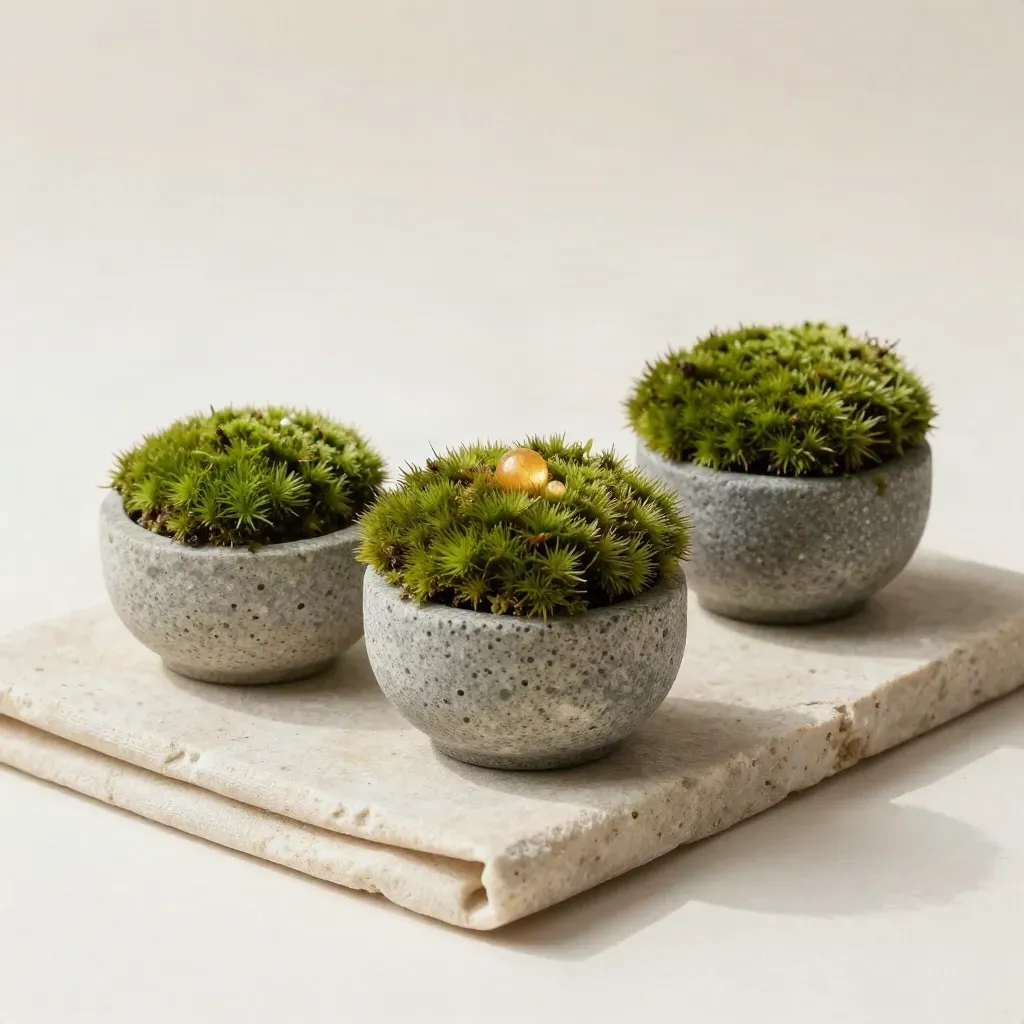 Overhead flatlay of three moss rosettes in stepped stone cups on a pale cloth