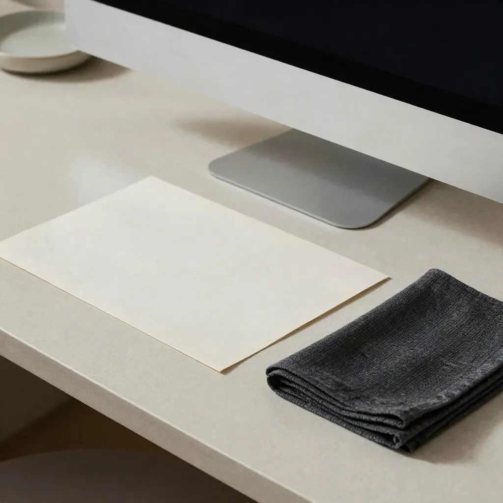 Silver monitor edge, face-down print sheet, and charcoal cloth on a pale plaster desk in soft light
