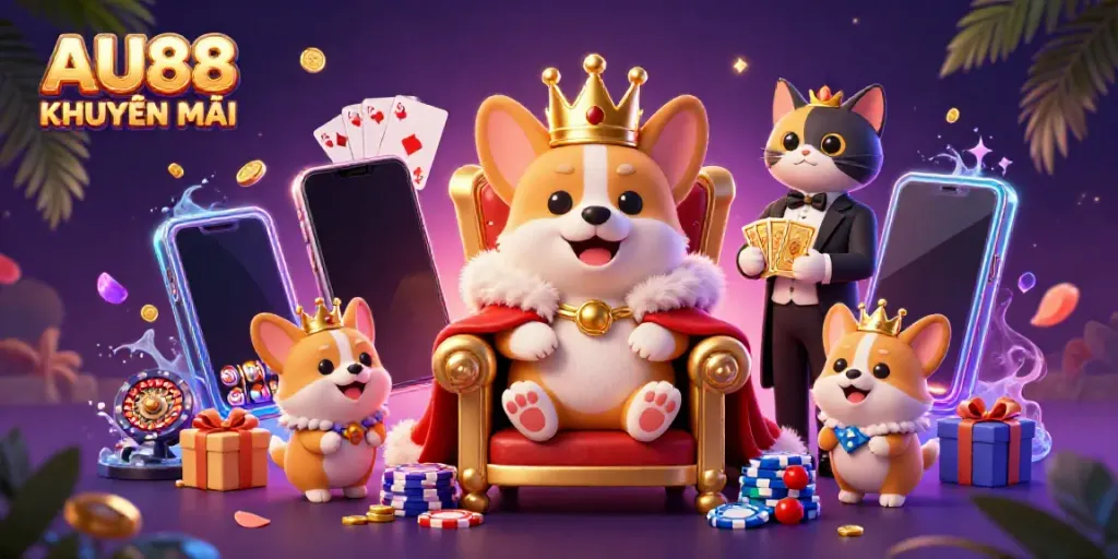 Experience the excitement of AU88 KHUYẾN MÃI with a royal corgi on a throne among casino delights.