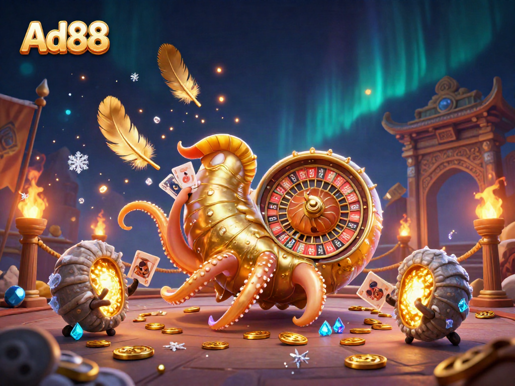 Experience thrilling gaming with Ad88 as a giant nautilus becomes a roulette wheel surrounded by glowing ammonites.