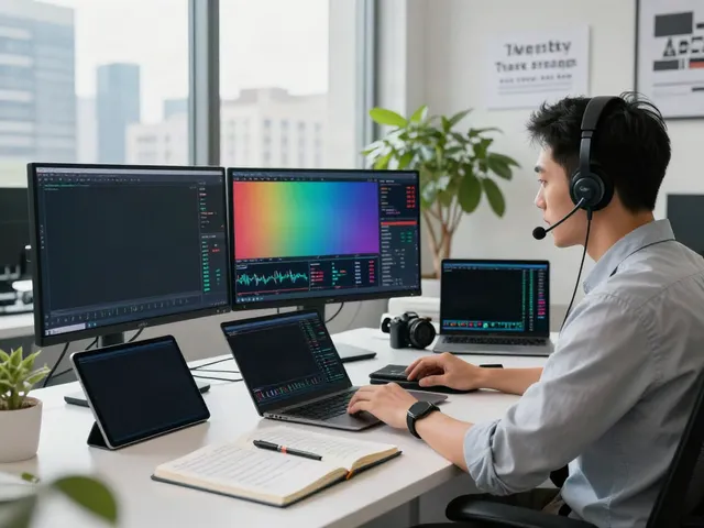 Dynamic trading workspace scene featuring analyst at desk with multiple monitors, showcasing stock charts and tools. tradingview官网