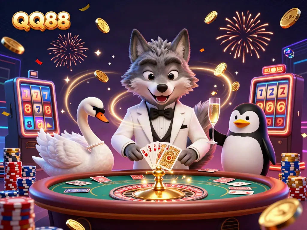 Experience the excitement of QQ88 with animated characters at a dynamic baccarat table.