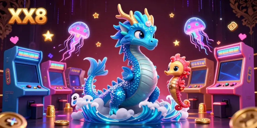 Engaging XX8 gaming scene with a majestic ocean dragon, knight seahorse, and neon jellyfish illustrating vibrant casino atmosphere