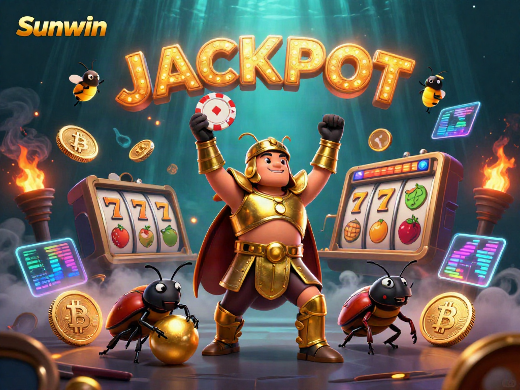 Experience the excitement at Sunwin with a hercules beetle showcasing a winning poker chip in a vibrant casino scene.