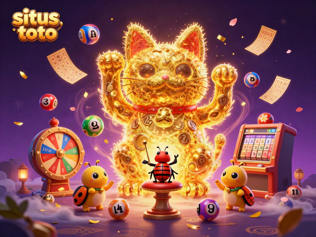 Situs toto offers a vibrant lottery scene with a lucky cat and colorful lottery elements.