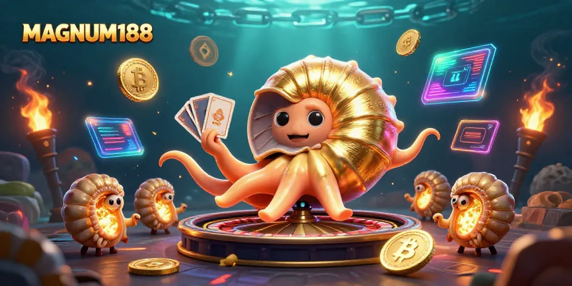 Experience the thrill of MAGNUM188 with immersive gaming visuals showcasing the dynamic nautilus and crypto elements.