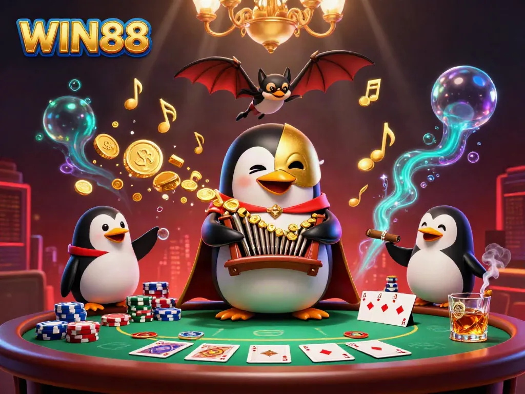 WIN88 captivating casino illustration featuring a phantom penguin and poker elements, packed with dynamic details.