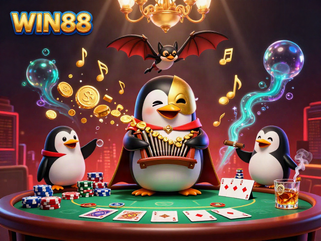 WIN88 captivating casino illustration featuring a phantom penguin and poker elements, packed with dynamic details.