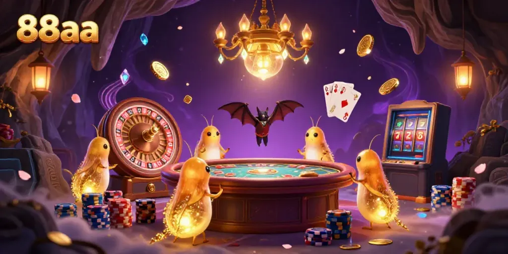 Experience 88aa's vibrant cave casino with glowworms under a sparkling golden ambiance, featuring dynamic game elements.