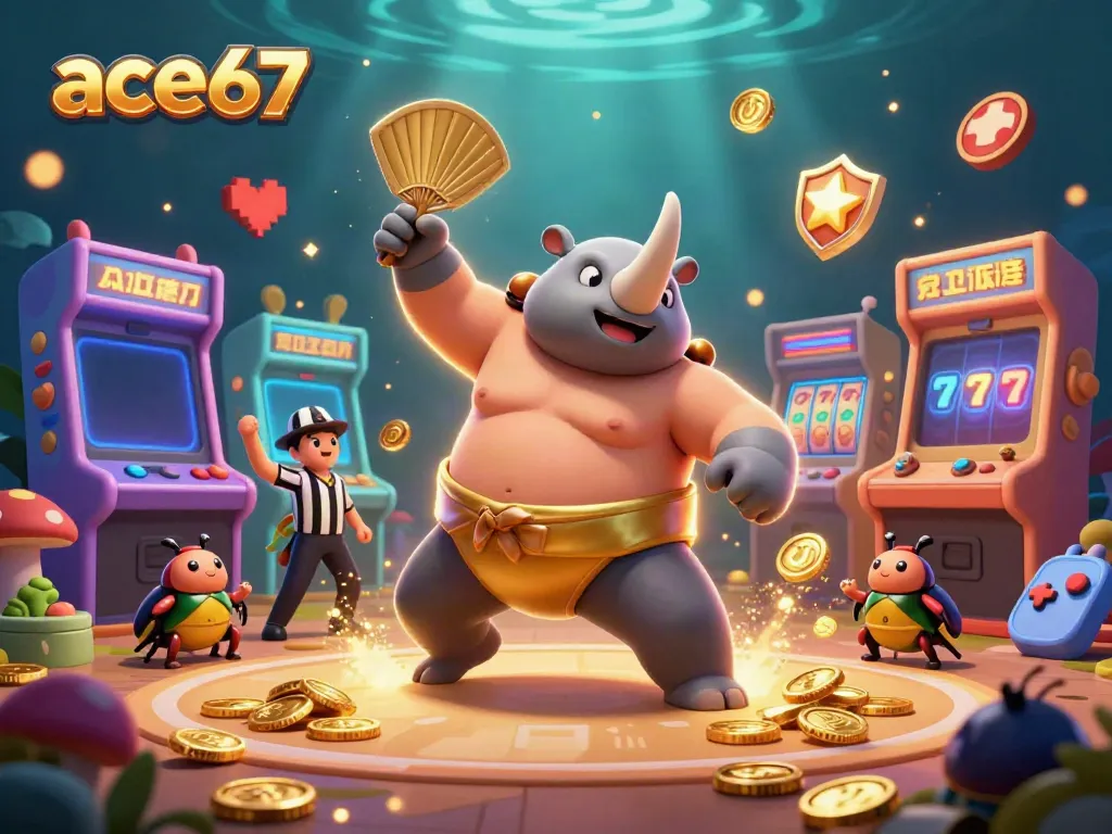 Experience thrilling action with ace67 as a beetle sumo champion sends coins flying in a vibrant casino scene.