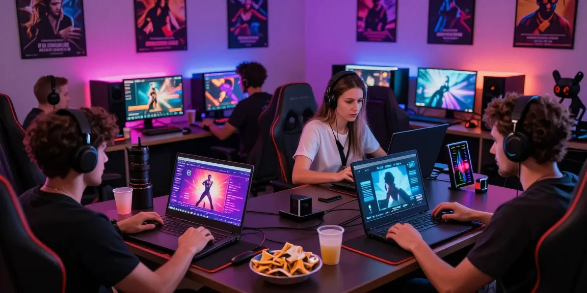 Engaged adults playing immersive porn games on various devices in a vibrant gaming setup.
