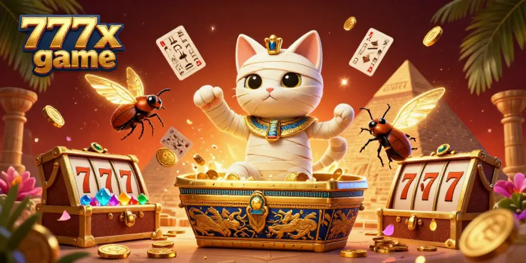 Win big playing 777x game with an Egyptian mummy cat and golden treasures in a vibrant casino scene.