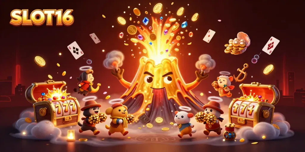 SLOT16 showcases exciting treasure hunting in a vibrant casino setting with dynamic volcano and slot elements.