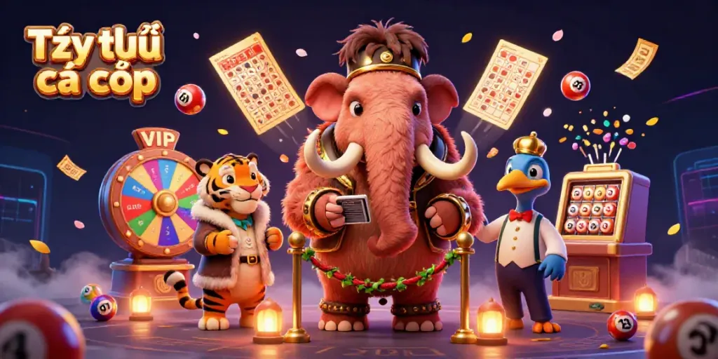 Experience thrilling Tỷ lệ cá cược action with casino characters amidst colorful game elements.