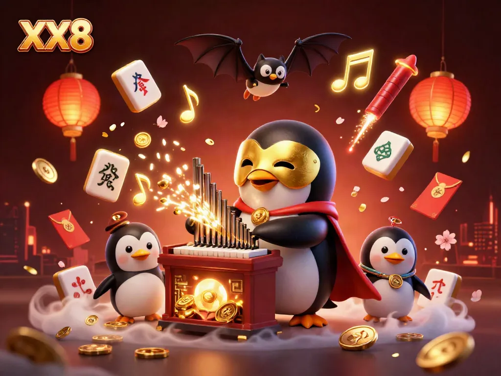 Experience the vibrant world of XX8 with the cartoon penguin playing for gold coins in a dynamic casino scene.