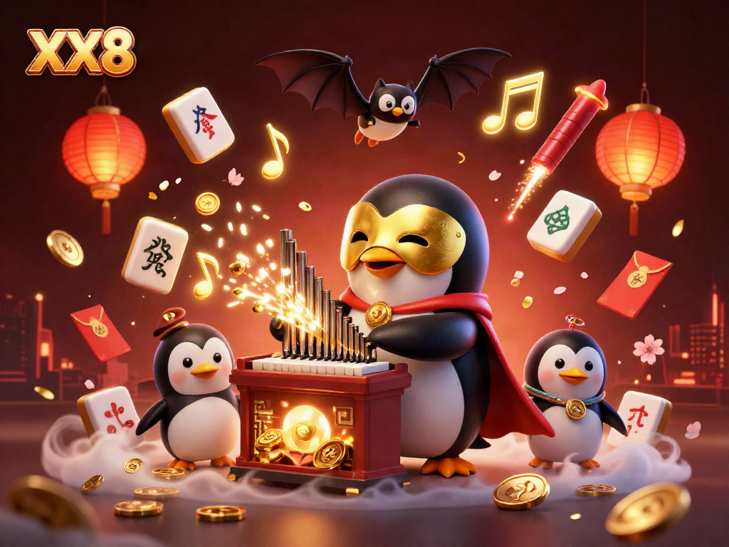 Experience the vibrant world of XX8 with the cartoon penguin playing for gold coins in a dynamic casino scene.