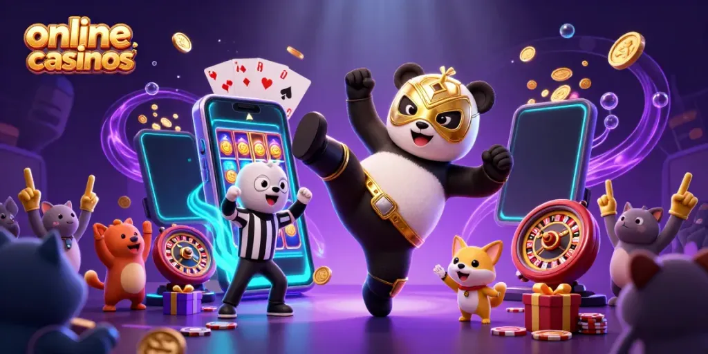 Engage with exciting online casinos action featuring animated panda and chihuahua in a vibrant casino scene.