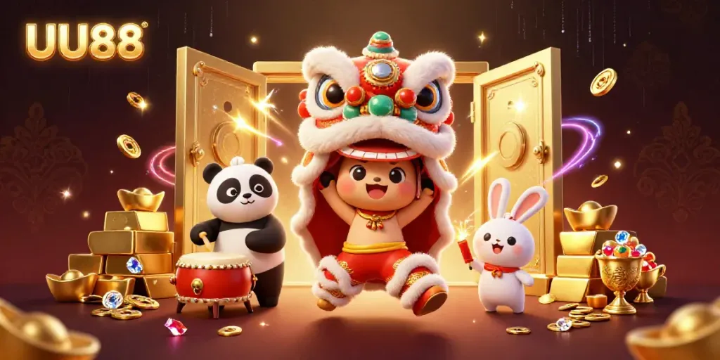 Experience the excitement of UU88's dynamic casino scene with festive characters and golden treasures.
