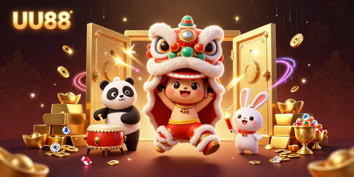 Experience the excitement of UU88's dynamic casino scene with festive characters and golden treasures.
