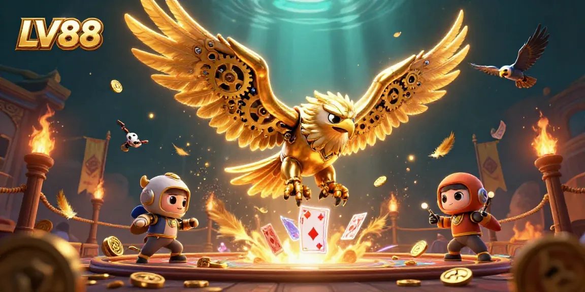 Experience thrilling gameplay with LV88, featuring a cybernetic eagle amidst holographic cards and gold tokens.